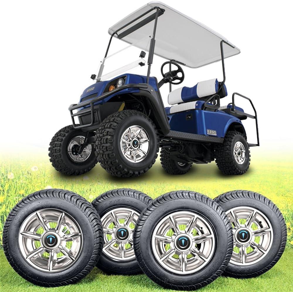 Golf Cart Wheel Covers 10 inch,Improved 7 Spoke Chromed Hub Caps for Club Car/E-Z-GO/YA/Star Car/Excar/Icon and Other Most Models Golf Cart (Set of 4)