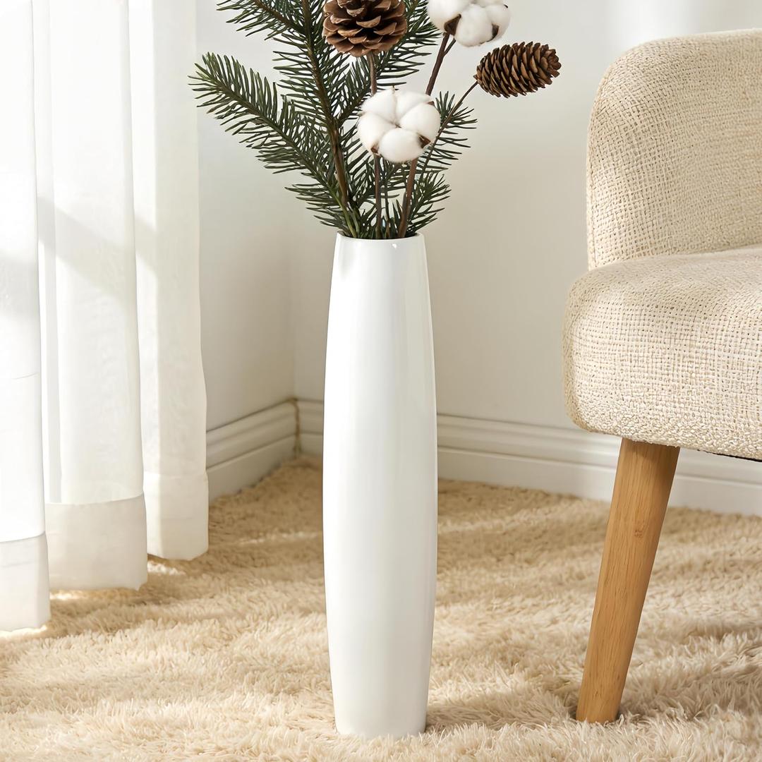 17.7 Inch White Ceramic Floor Vase, Tall Decorative Vase with Glossy Glaze, Big Standing Flower Vases for Pampas Grass, Modern Home Decor for Living Room, Office, Bedroom, Dining Corner