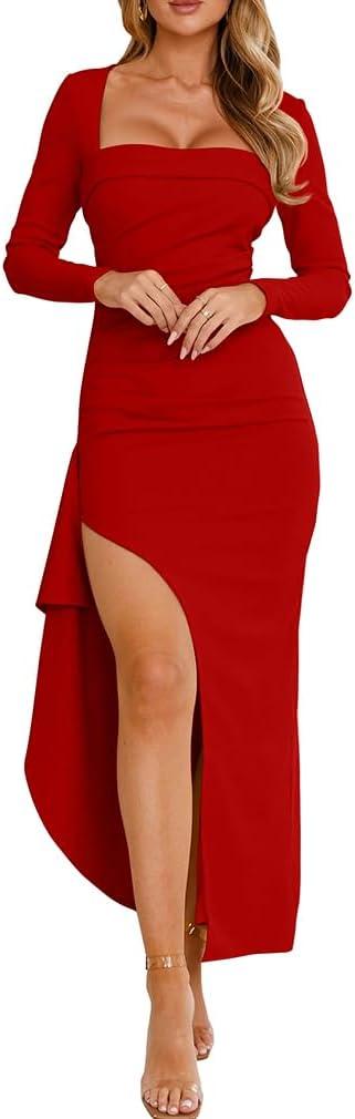 XXTAXN Womens Formal Bodycon Square Neck Long Sleeve Wedding Guest Party Slip Fitted Midi Dress Red L