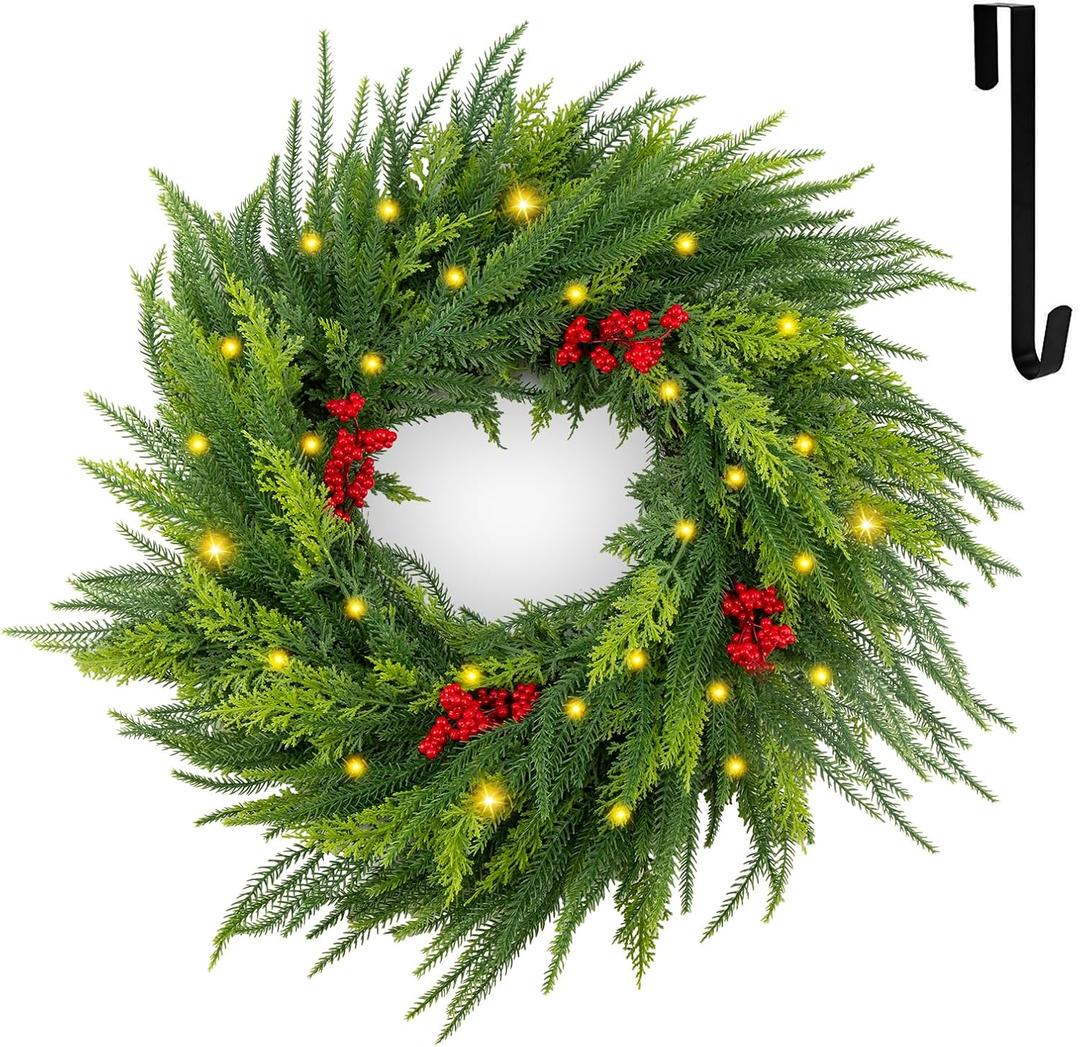 26 inch Large Norfolk Pine Wreath for Front Door with Lights, Artificial Norfolk Christmas PineWreath for Table Wall Window Indoor Outdoor Christmas Decoration