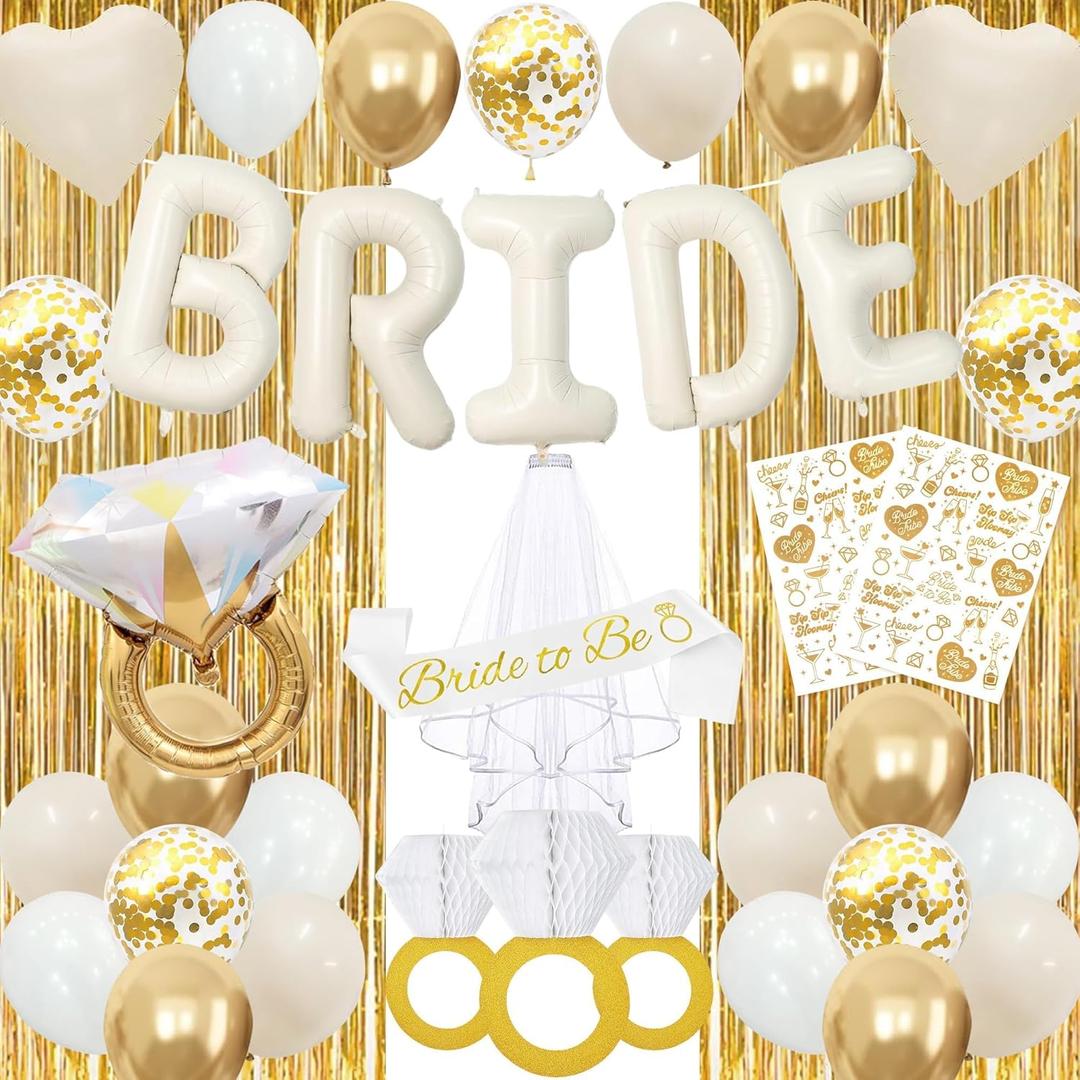 Vlipoeasn 39PCS Bachelorette Party Decorations Kit, Sand White Bride to Be Party Decorations, Bride to Be Sash & Veil, Tattoo Sticker, Foil Curtains, Balloons, Bridal Shower Party Supplies