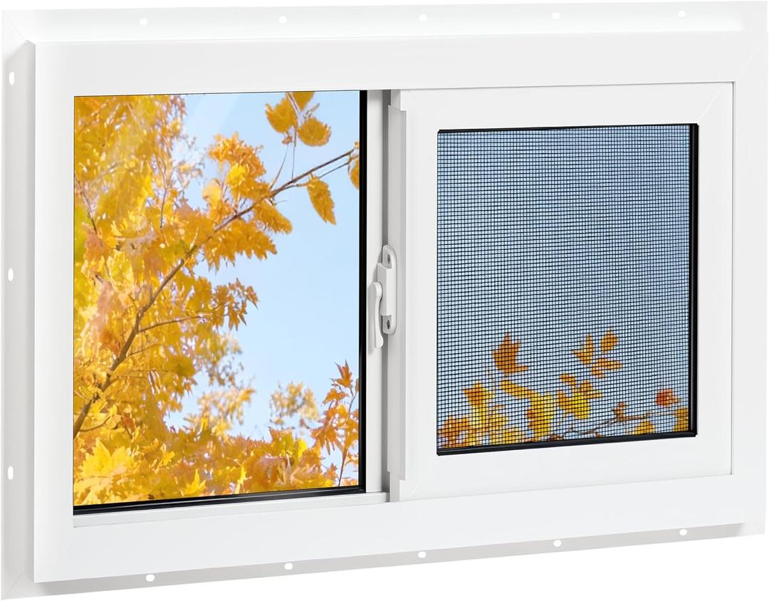 Vinyl Basement Window, 32" x 22" Bathroom Sliding Window with Double Pane Insulated Tempered Glass and Fiberglass Screen for Basement, Bathroom, Shed (White)