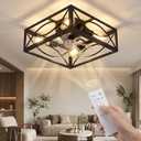 LIONVISON Caged Ceiling Fan with Lights: 16" Small Flush Mount Low Profile Fandelier with Remote DC Motor Reversible 6 Speeds Farmhouse Industrial Ceiling Fans for Bedroom Kitchen Black