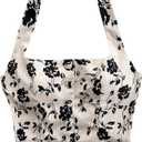 SHENHE Women's Floral Print Crop Halter Top Button Front Asymmetrical Sleeveless Boho Crop Top, L