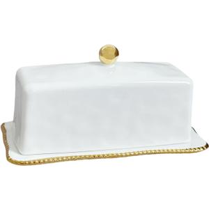 HAN SHENG Ceramic Butter Dish with Lid - Airtight Keeper Countertop Storage Container, Fits East West Coast Butter (3.5" & 4.8" Sticks), Elegant White Kitchen Decor & Gift