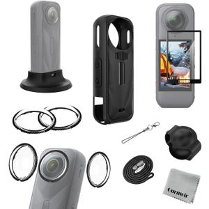 Gurmoir Accessories Kit for Insta360 X5 Camera, PC Lens Guard/Twist-Lock PC Lens Protector Cover+Silicone Protective Cover+Tempered Glass Film+Desktop Support Base Mount for Insta360 X5 Accessories