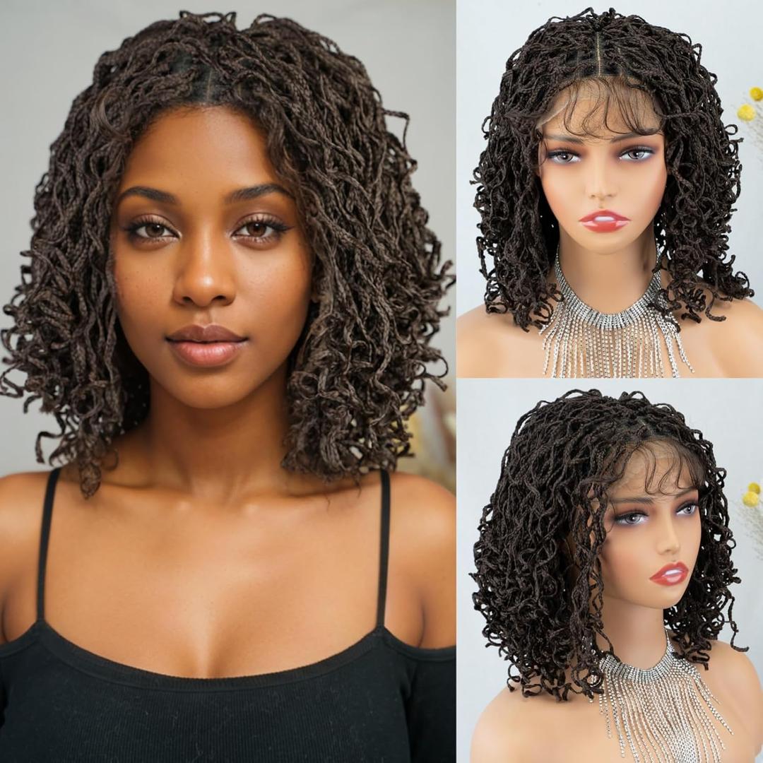 MISS FANCY 13 Inch Brown Braided Wig for Black Women - 4x4 Lace Front Glueless Box Braids with Baby Hair, Faux Locs Synthetic Hair in Boho & Dreadlock Style