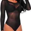 Lrady Women's Sheer Mesh Turtleneck Neck See Through Leotard Bodysuit Body Tops (Medium, W-black)