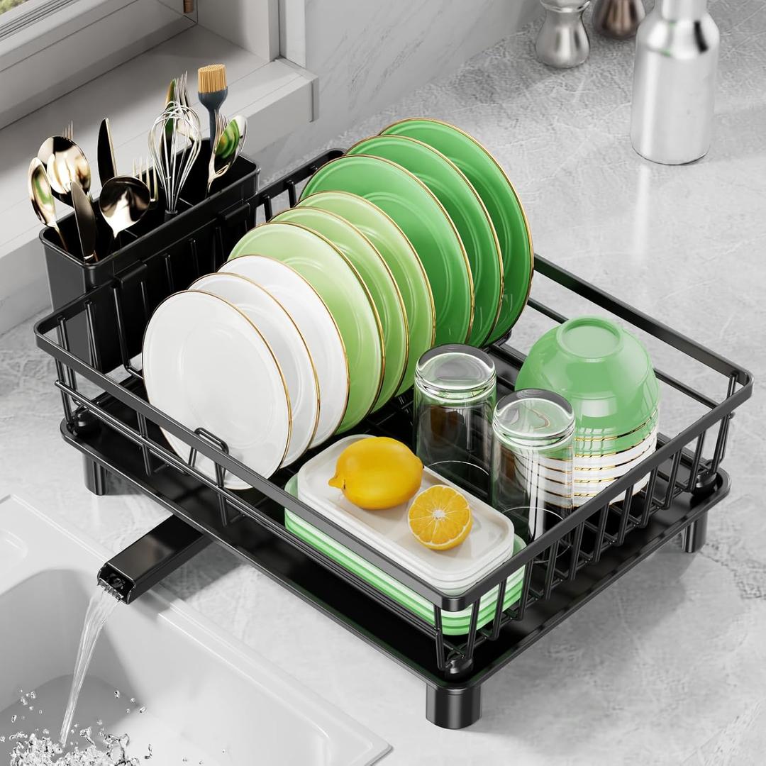 Dish Drying Rack for Kitchen Counter, Stainless Steel Drainer Anti Rust, Smart Drainage System Drainboard with Detachable Cutlery Holder, Handwash Dish Helper for Home, Apartment Space Saving (11"W x 15"L, Black)