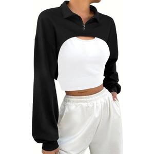 LovelyWholesale Women Cropped Hoodie Zip Up Long Sleeve Crop Top Sweatshirts (Black, XL)