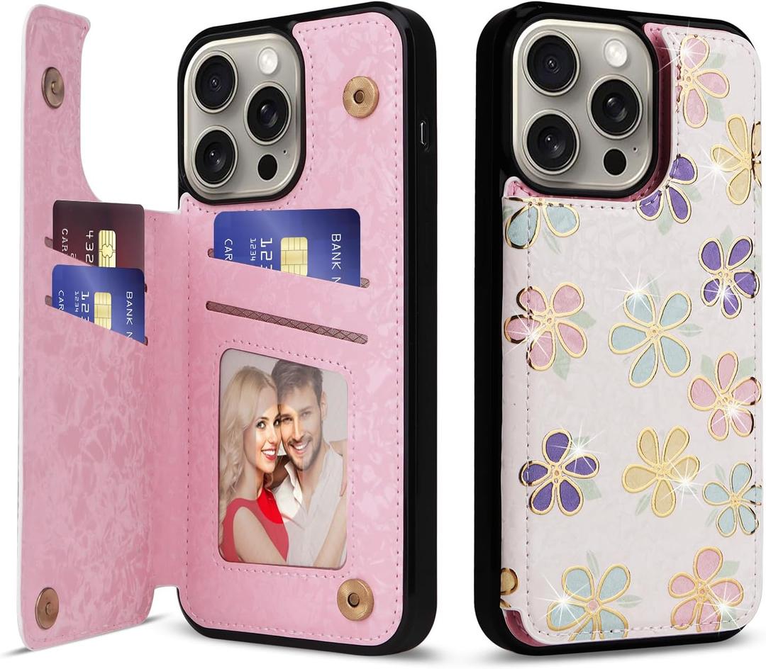 UEEBAI Wallet Case for iPhone 15 Pro Max with Card Holders, PU Leather Cover Kickstand RFID Blocking Double Magnetic Clasp Rilievo Flower Shockproof Flip Case for Women Girls - White Daisy