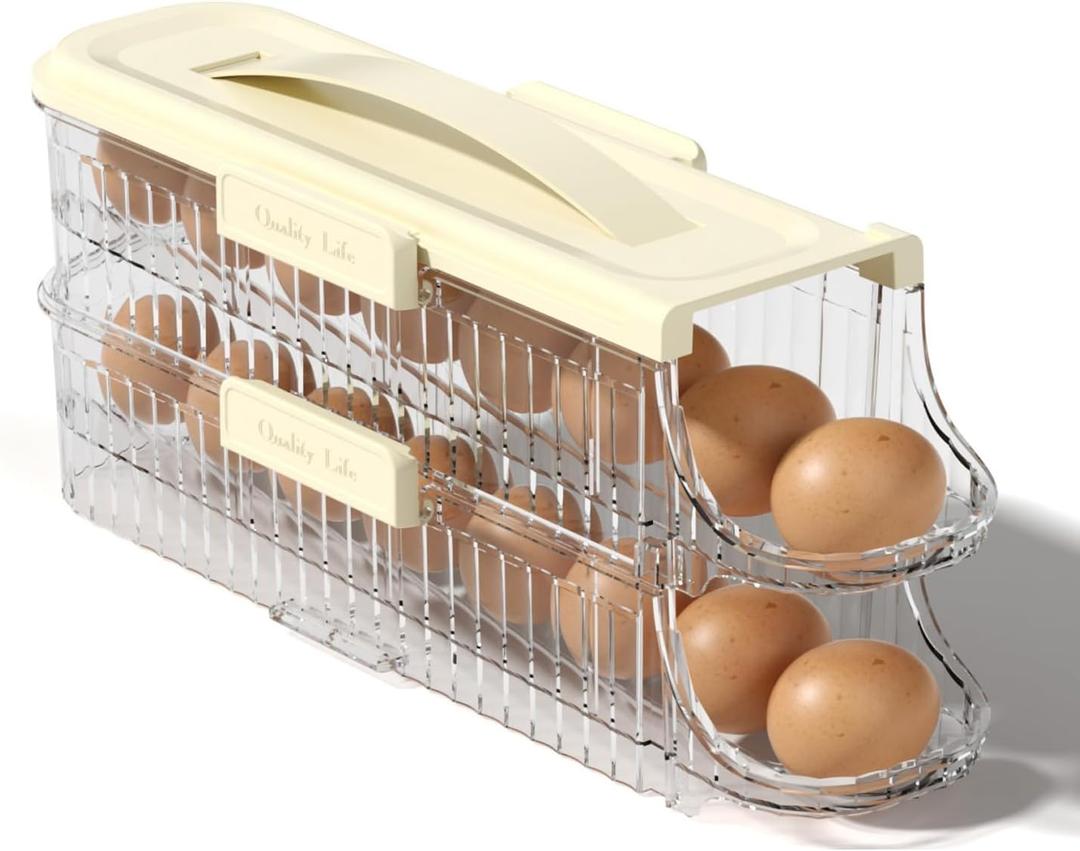 Egg Holder for Fridge Automatic Rolling, Egg Storage Container Organizer Dispenser for Refrigerator Stackable Removable Inner Tray, Egg Accessories (Clear, 1 Row-2 Tiers)