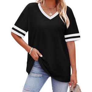 WIHOLL Womens T Shirts Loose Fit Short Sleeve Tees V Neck Color Block Summer Tops 2026 Fashion L