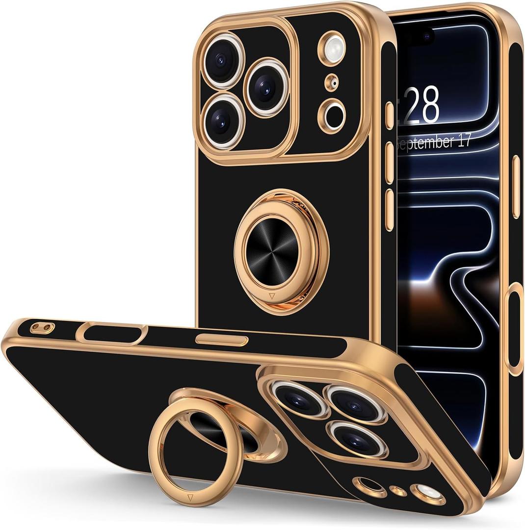 Hython for iPhone 17 Pro Max Case with Ring Stand, 360 Rotatable Ring Holder Magnetic Kickstand, Plating Rose Gold Edge Soft Cover Protective Phone Case for iPhone 17 Pro Max 6.9", Black