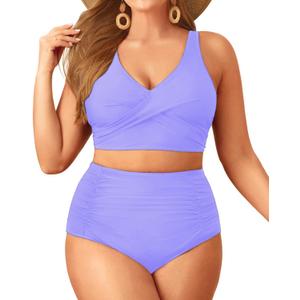 Aqua Eve Women Plus Size Two Piece Swimsuit High Waisted Bikini Set Tummy Control Bathing Suit (Lavender)