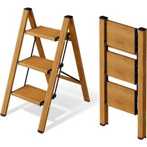 Mayi Plus 3 Step Ladder,Aluminum Folding Step Stool for Adults,Step Ladder with Wide Anti-Slip Pedal,330 lbs Capacity for Home,Office,Kitchen,Library(Woodgrain)