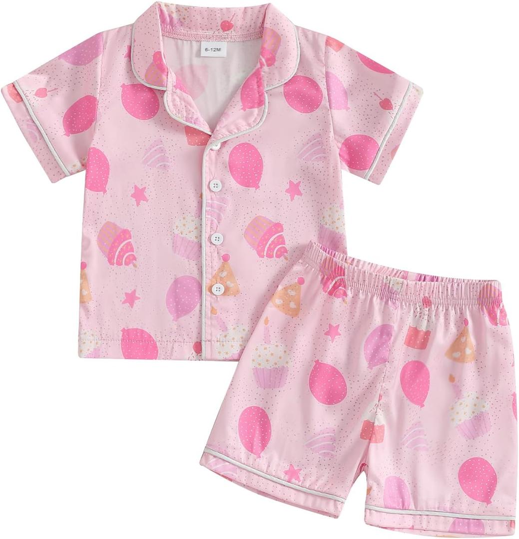Biayxms Kids Baby Girl Birthday Silk Pajamas Set Cake Button Down Shirts Tops Shorts My Birthday Girls Satin Pj Sleep Sets (Pink), 4-5Y