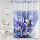 Long No Hook Floral Shower Curtain with Snap in Fabric Liner Set, Spring Blue Purple Iris Design, Elegant Abstract Marble Flower Ringless Hotel Style for Bathroom Decor, 71x77 Inches