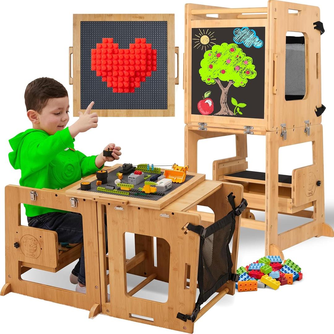 Montessori Inspired Bamboo 4 in 1 Convertible Toddler Tower with Storage and Safety Net, Learning Standing Tower, Activity Table and Step Stool for Toddlers 1-3