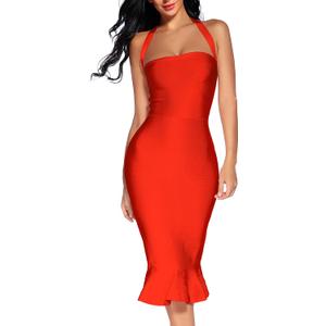 houstil Women's V Neck Halter Fishtail Bandage Bodycon Dress Party (Medium, Orange Red)