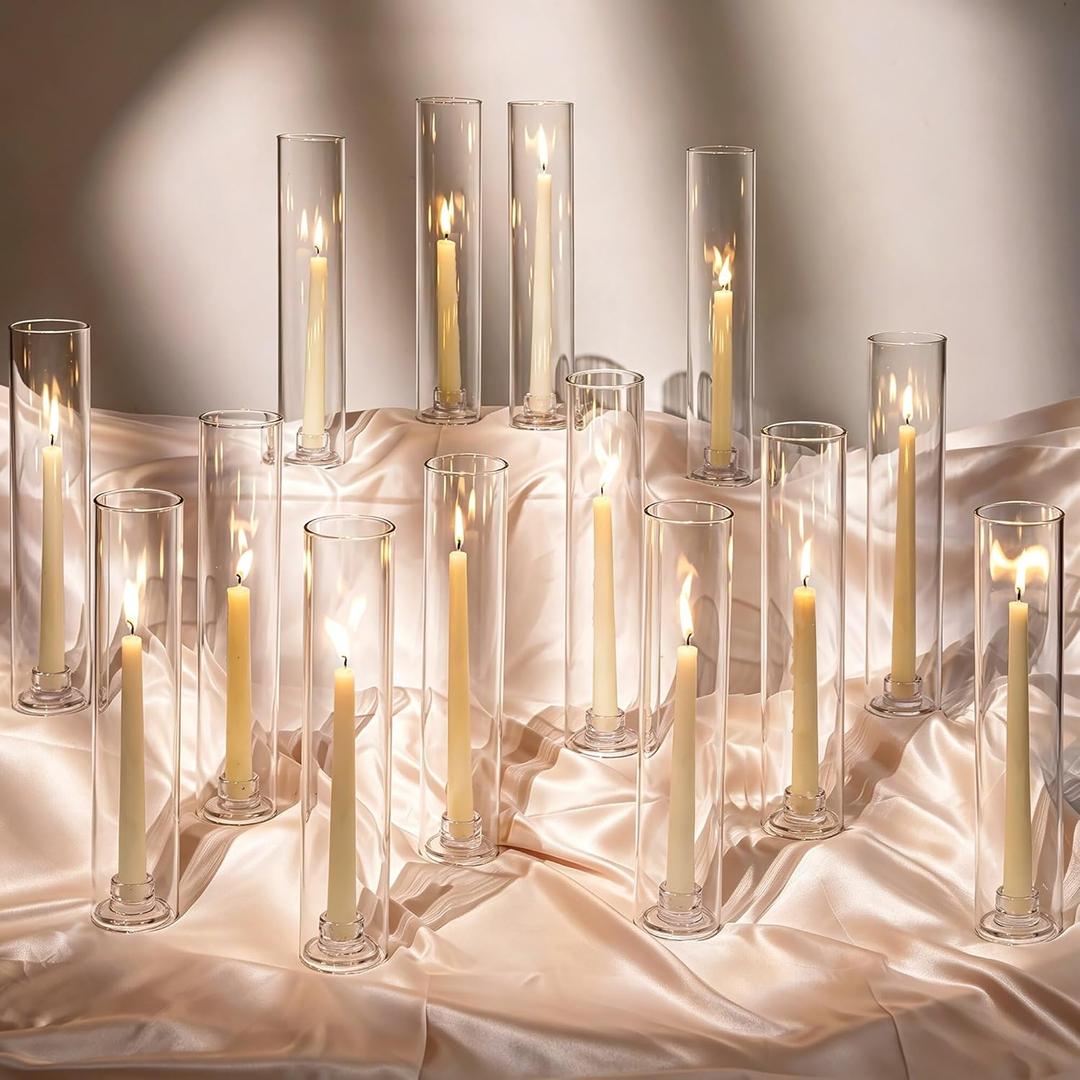 Hewory Hurricane Glass Candlestick Holders: 24PCS Clear Taper Candle Holders for Candlesticks with Windproof Design Ideal for Event Organizers for Table Centerpieces Weddings Christmas Home Decor
