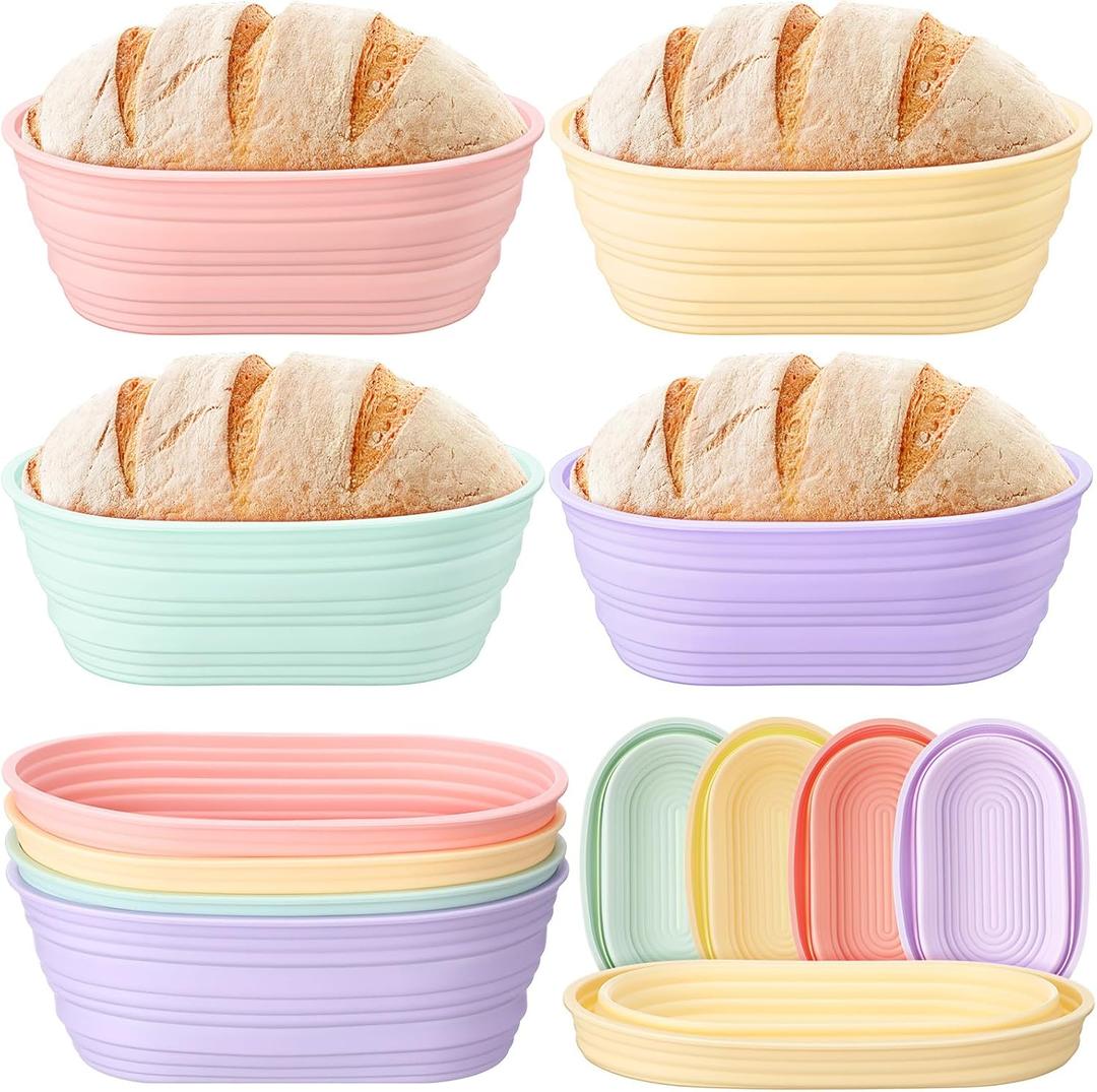 Honeydak 4 Pcs Silicone Bread Proofing Baskets Oval Banneton Basket 10 Inch Collapsible Sourdough Bread Baking Supplies Non-stick Dough Proofing Bowls Containers Oven Safe for Breads Making (Vibrant Color)