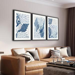 Large Framed Marine Life Wall Art Canvas Prints Set of 3, Minimalist Ocean Art, Blue White Coral Conch Shell Seaweed Beach Pictures Nautical Artwork for Living Room Bedroom Office Decor 24"x36"x3