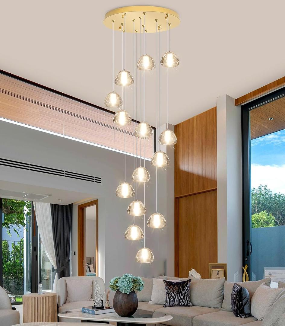 Modern Crystal Chandelier for Hallway Gold LED Ceiling Lighting for Staircase Light Fixture for Living Room Foyer Entryway, 14-Lights Round