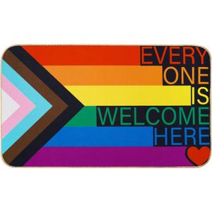 AnyDesign Rainbow Progress Gay Pride Day Doormat Everyone is Welcome Here Front Door Mat with Anti-Slip Rubber Back Rainbow Felt Floor Rug for LGBT Indoor Outdoor Kitchen Home Decor, 17 x 29 Inch
