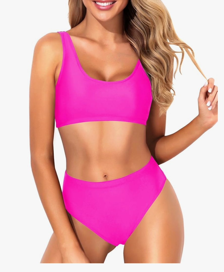 Tempt Me Women Two Piece Scoop Neck Bikini Crop Top Swimsuit Sporty High Waisted Bathing Suit, Size: S