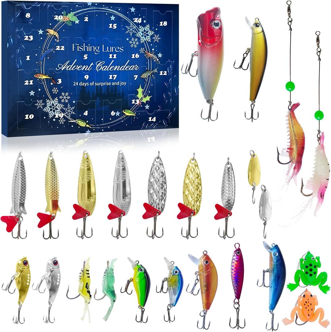 Fishing Advent Calendar 2025, 24 Days Christmas Countdown Calendar with Fishing Lures Set, Christmas Gifts for Men Dad Teen Boys - Stocking Stuffers for Fishermen