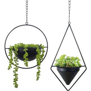 Metal Hanging Planters, Modern Plant Hanger with Pots, Set of 2 Black Plant Holders in Diamond and Round Shape, Small Wall and Ceiling Planter for Indoor Plants, Home Dcor- Black