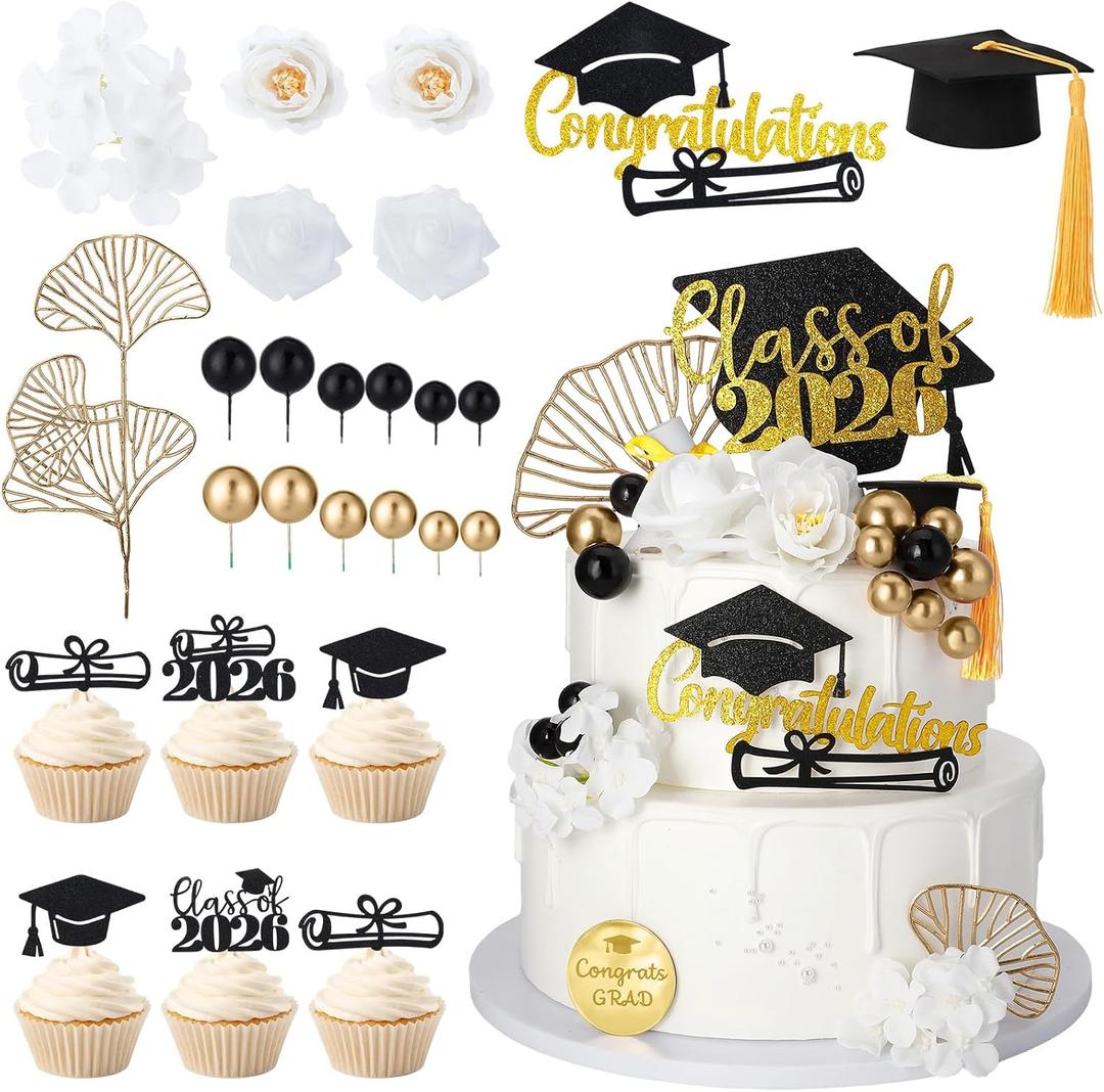 36 Pcs Graduation Cake Topper Graduation Cap Cake Toppers Class Of 2026 with Diploma Flowers Balls for Graduation Party Decor