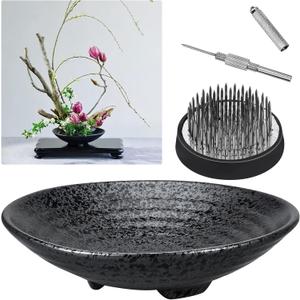 Japanese Ikebana Kit Floral Frog Flower Container with Kenzans Needle Straightening Tool - 1.8inch Black Flower Frog, 6.7inch Bowl Vase