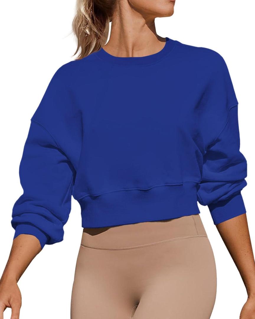 Women's Long Sleeve Round Neck Cropped Sweatshirts Cute Loose Fit Pullover Tops (XX-Large, Blue)