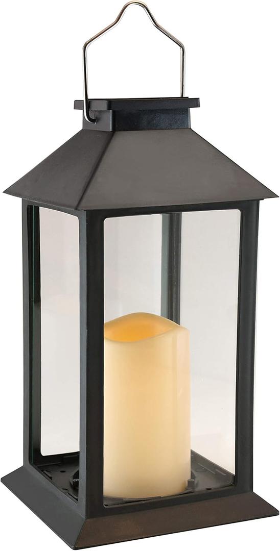 LumaBase Solar Powered Lantern with LED Candle, Traditional, Black, 11", 62401
