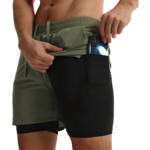 ATTBEA Men's 2 in 1 Running Shorts with Liner 5" Quick Dry Workout Gym Sports Shorts with Pockets (XXL, Army Green)