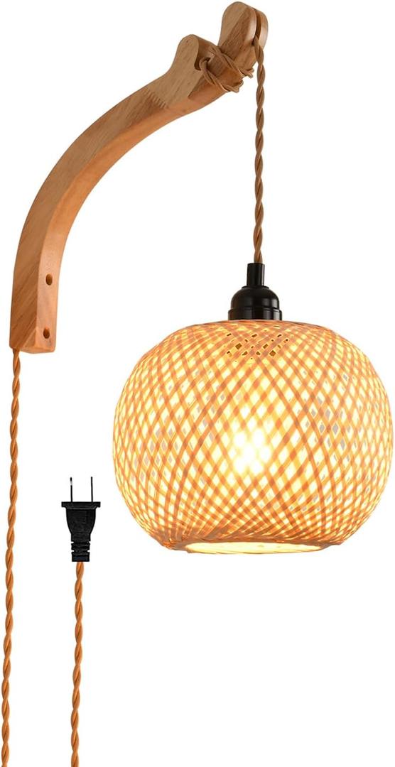 Plug in Wall Sconce,Farmhouse Wicker Wall Lamp Plug in,Hand Woven Rattan Wall Light Farmhouse Rustic Boho Sconces Wall Lighting for Living Room Bedroom (1 PACK, Bamboo)