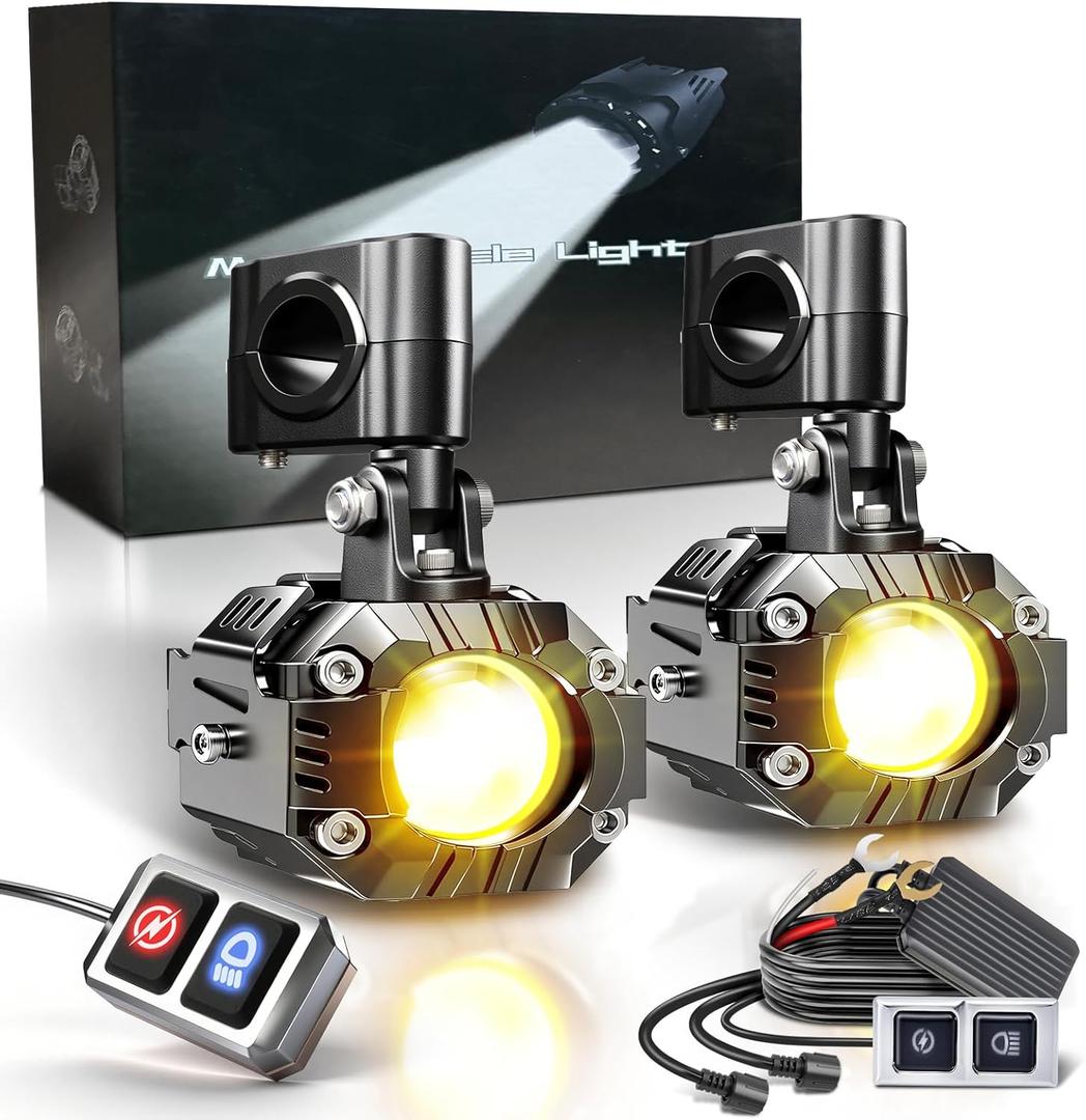 Motorcycle Auxiliary Fog Light Kit Driving Spotlights Amber/White High & Low Beam Strobe Compact Pods Light Kit with Bracket Wire Harness Waterproof, 15000LM Fog Lights for Motorcycle, Bike