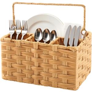Wicker Utensil Caddy Tabletop Utensil & Silverware Organizer with Handle, Multi-Use Cutlery and Condiment Holder, Kitchen Countertop Basket, Ideal for Parties, Picnics & Buffets