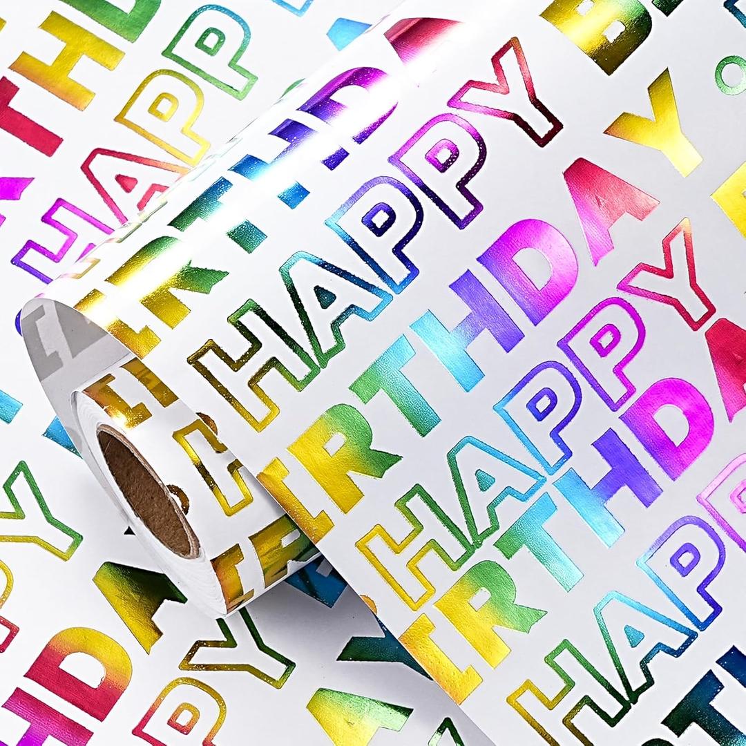 LeZakaa Birthday Wrapping Paper Roll, Happy Birthday Lettering Colorful Holographic Foil Design for Baby Shower, Holiday Party Gift Wrap, Mini Roll, 17in x 16.4Ft