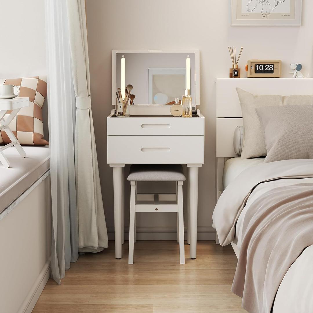 Muwuele Solid Wood Small Vanity Desk with Mirror and Lights, Narrow Makeup Vanity for Small Space, Flip Top Vanity Side Table, 3 Color Modes & Adjustable Brightness, 19.6" Slim Dressing Table, White, 19.6" Wide