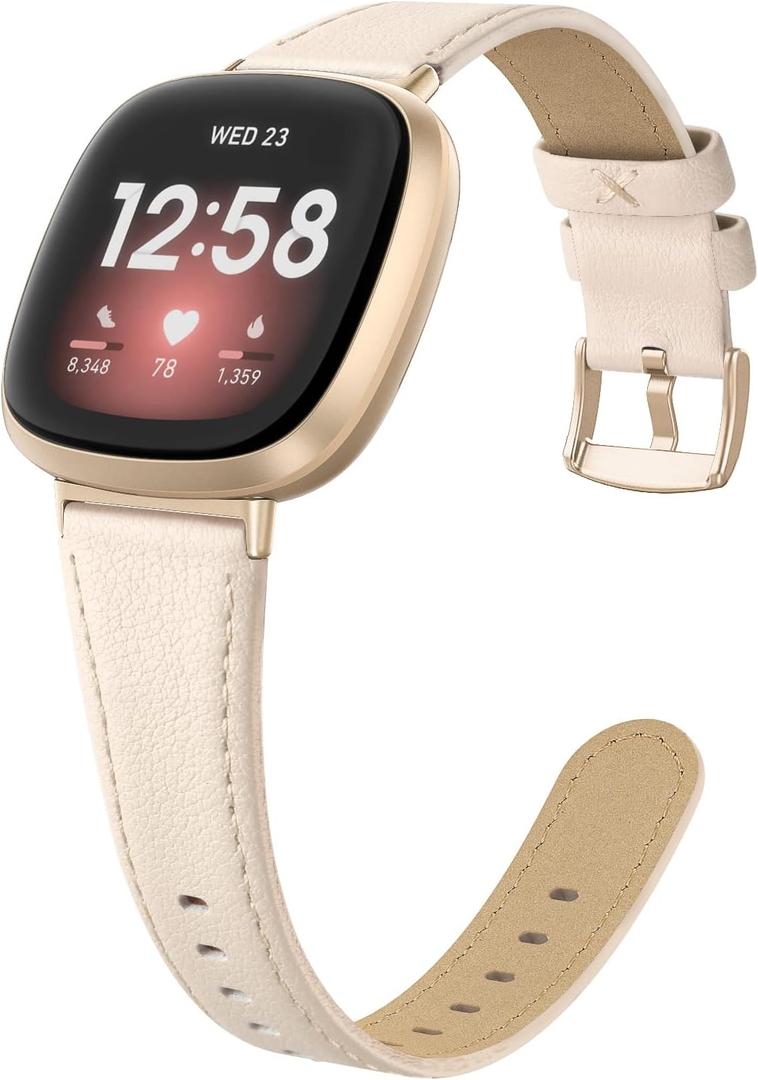 EDIMENS Leather Bands Compatible for Fitbit Versa 3 / Fitbit Versa 4 / Fitbit Sense for Women Men, Genuine Leather Bands Replacement Wristbands Straps Compatible with Versa 3 / Versa 4 / Sense (Small 5.7"-7.8", Beige)
