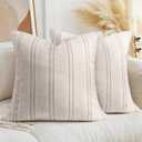 AELS 24x24 Decorative Farmhouse Linen Throw Pillow Covers, Boho Textured Pillow Case, Set of 2, Beige with White & Gray Stitch Yarn Dyed Stripe Cushion Cover for Sofa Couch Living Room (Cover ONLY)
