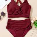 Herseas Women's Textured Bikini Sets Twist Front Top Swimsuits High Waisted Bathing Suits (Red, XL)