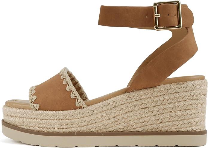 Soda “Laguna” ~ Women Square Toe Stitched Single Band Low Heel Espadrille Wedge Sandal with Adjustable Ankle Strap, 8.5
