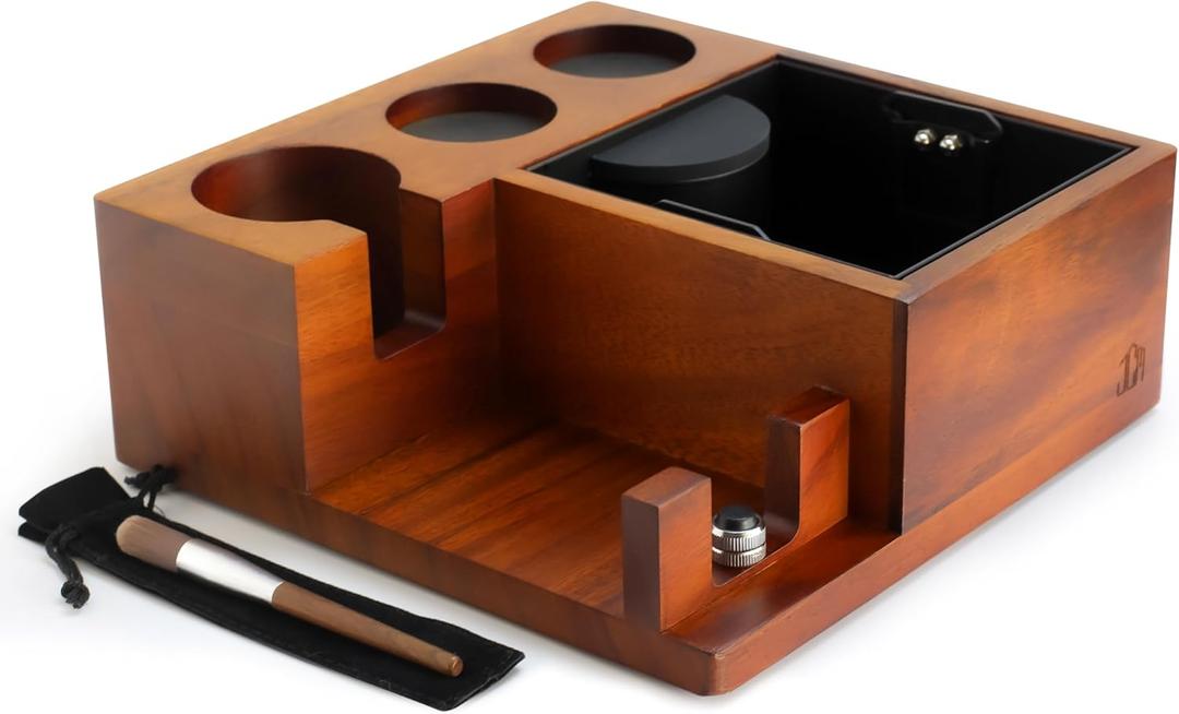 Espresso Knock Box & Tamping Station - Coffee Organizer Box for 51-54mm Tamper, Distributor, Portafilter Accessories - Includes Cleaning Brush