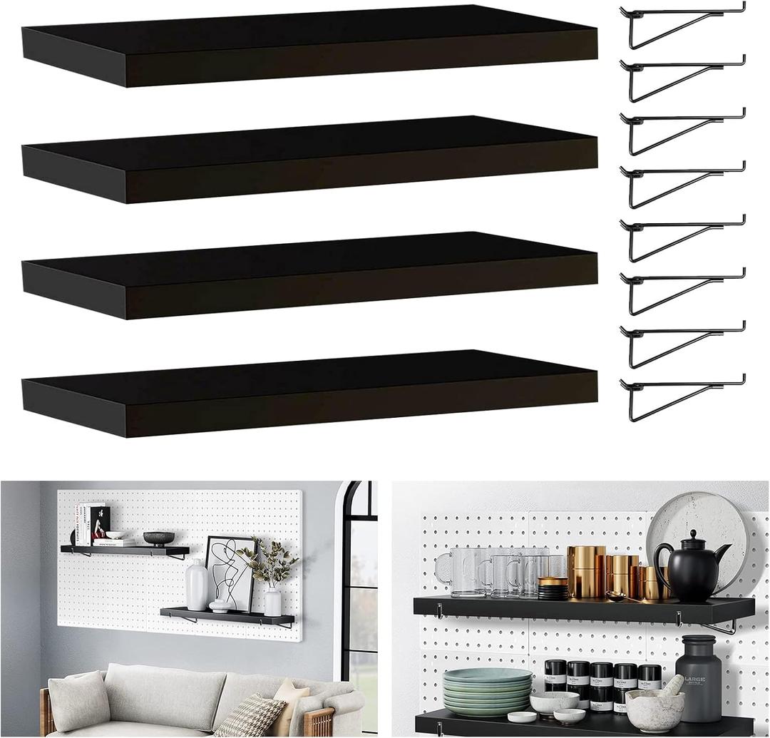 HJW Pegboard Shelf Black, 4 Pack Wooden Pegboard Shelves with Metal Pegboard Shelf Brackets Pegboard Hooks, for Craft Room, Home, Kitchen, Garage