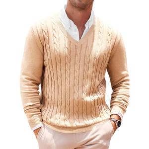 Runcati Mens V Neck Sweater Cable Knit Long Sleeve Casual Ribbed Twisted Pullover Sweaters (XX-Large, Khaki)