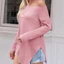 Tankaneo Womens Off The Shoulder Tops Casual Long Sleeve T Shirts Irregular Hem Split Tunics Loose Fall Blouse Shirt (Pink, L)